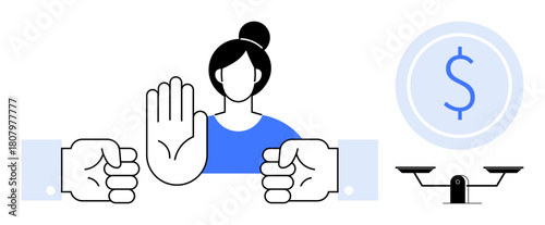 Woman with raised hand halting aggression, two fists clashing, balanced scale icon, and financial symbol. Ideal for justice, equality, conflict resolution, fairness, empowerment finance ethics