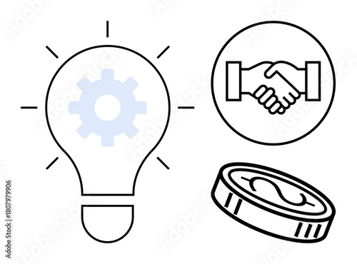 Business innovation concept. A light bulb with gear, handshake, and coin innovation and collaboration in financial growth. For startups, teamwork, entrepreneurship, and economic success