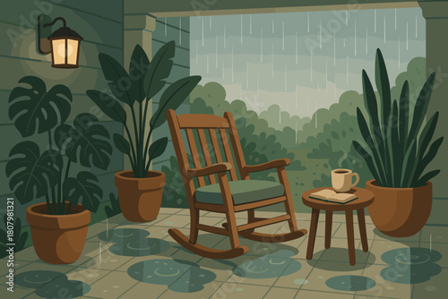 Cozy rainy day scene featuring a rocking chair, plants, coffee, and book on a peaceful porch retreat, perfect for relaxation and quiet contemplation