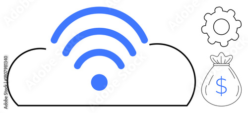 Cloud with a wireless signal, setting gear, and money bag symbolizing technology, connectivity, automation, finance. Ideal for innovation, data transfer, digital resources tech growth business