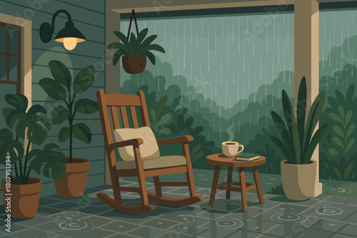 Cozy rainy day scene with rocking chair, coffee, and plants on porch, inviting relaxation and tranquility, perfect for home decor and lifestyle designs