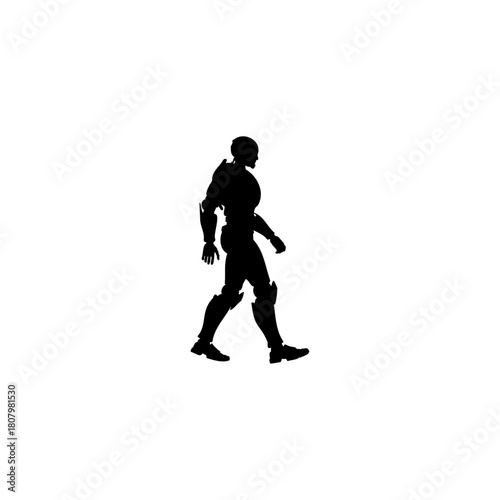 Silhouette of a futuristic armored figure walking against a plain white background in a side profile view
