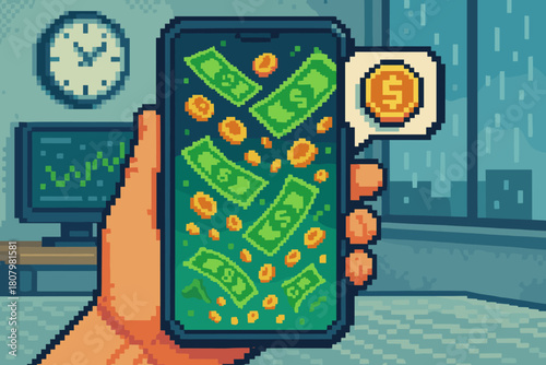 Pixel art mobile game interface showing digital money and coins, a retro style concept for online earnings, finance technology, and virtual wealth creation