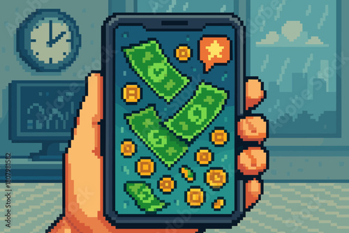 Pixel art: Hand holding phone with money and coins raining down, pixelated financial success, digital wealth, and retro gaming vibes for a modern audience