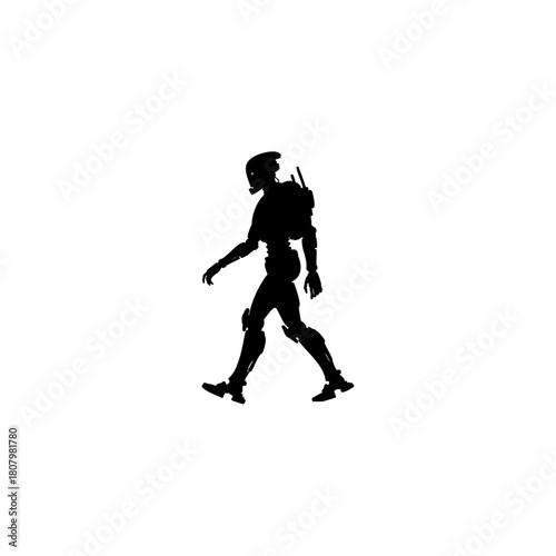 A silhouette of a robot figure walking with a helmet and backpack against a white background space suit