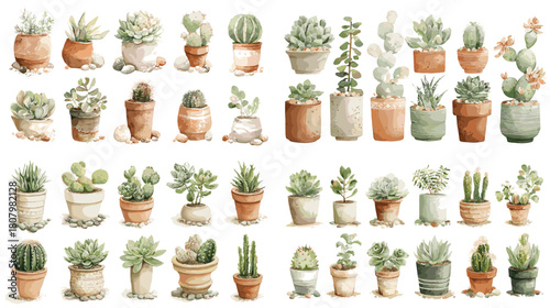 Large watercolor collection of succulents and cactus plants in pots with soft green tones. Botanical decorative set perfect for gardening design home decor and nature themed projects.