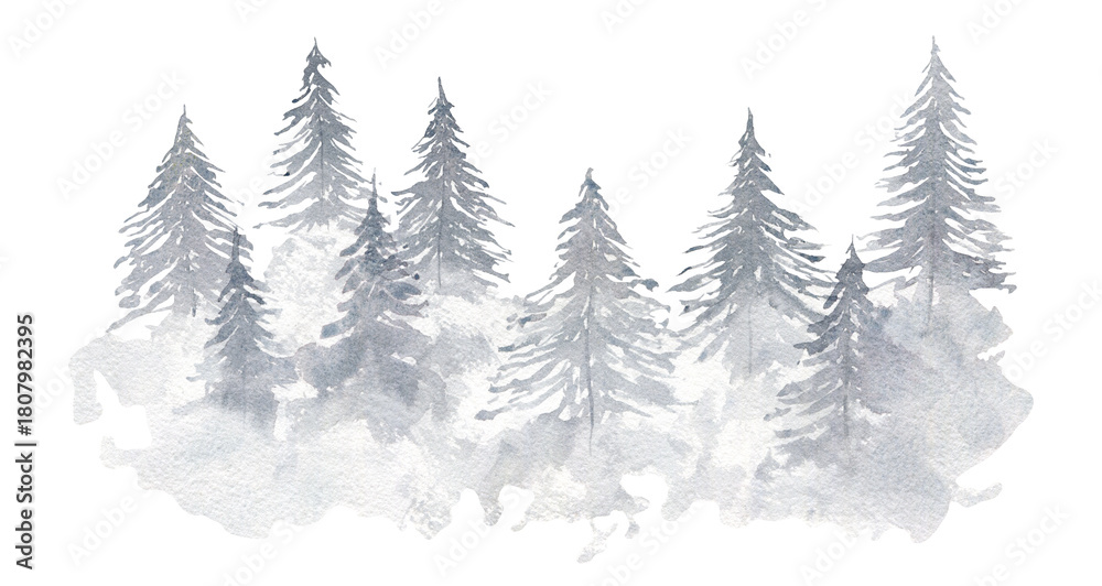 Fototapeta premium Light gray misty gradient watercolor illustration of textured coniferous fir forest. Winter evergreen watercolour pine trees print for winter Christmas design, poster, decor element, sticker