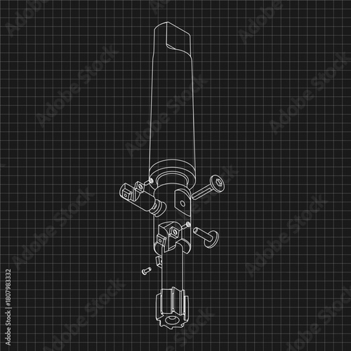 Mechanical engineering drawings. Tap tools, borer. Technical Design. Cover. Blueprint. Step Cutting Tool with Countersinking Function. Technical 3D Vector Illustration