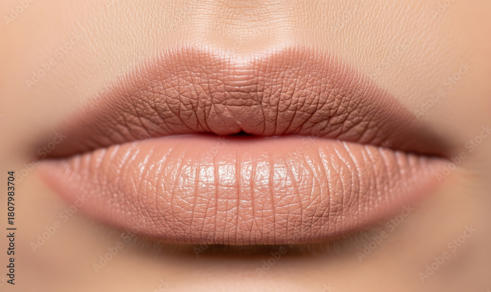 Fototapeta premium Beautiful beige lipstick on perfect lips. Macro photo of a shiny silver lipstick with a beautiful texture and small glitter sparkles. The concept of bright makeup and art