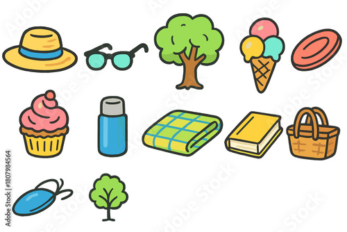 Summer, picnic outline icon set. Fun outdoors, leisure, food and beach essentials