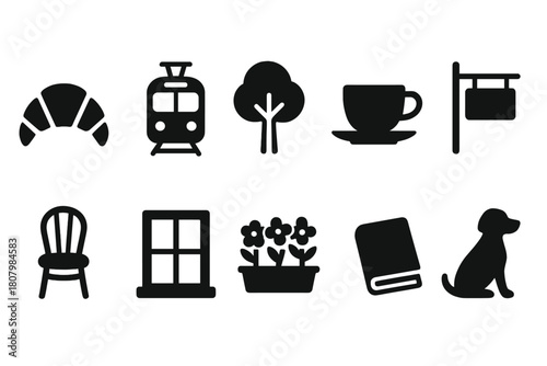 Everyday objects silhouette icon set. Furniture, food, animals, and nature icons collection