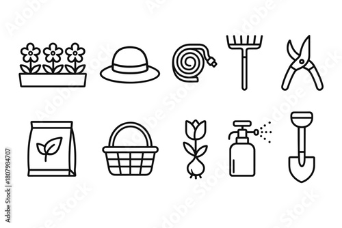 Gardening tools linear icon set. Essential gardening, horticulture icons in line style