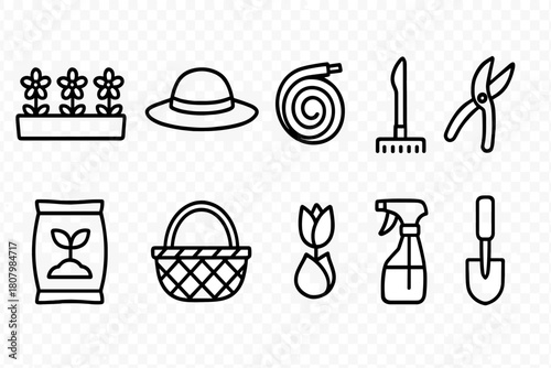 Gardening tools outline icon set. Lawn care, garden equipment linear icons collection