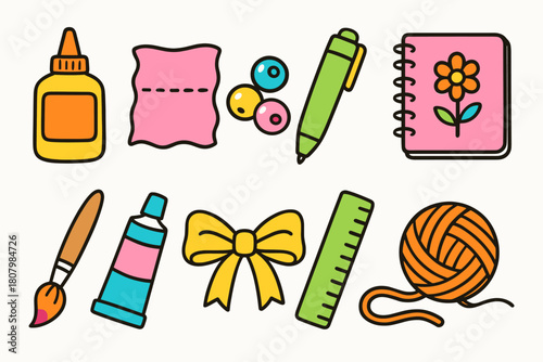 Craft and hobby outline icon set. Art tools, materials in playful designs.