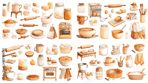 Watercolor baking illustration set featuring bowls flour mixers eggs utensils rolling pins and pastries. Warm kitchen themed elements perfect for cooking design recipes and food projects.