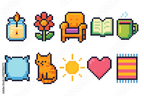 Retro pixel art icon set. Cozy home and relaxation flat pixel icon collection