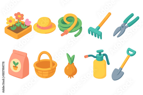 Gardening neon icon set. Tools, plants, and garden equipment neon icon collection