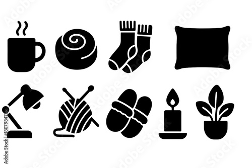 Cozy home silhouette icon set. Comfort, relaxation, and leisure silhouette collection