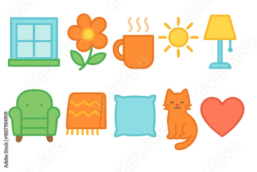 “Home decor neon icon set. Housewarming, interior design, cozy home flat icons”