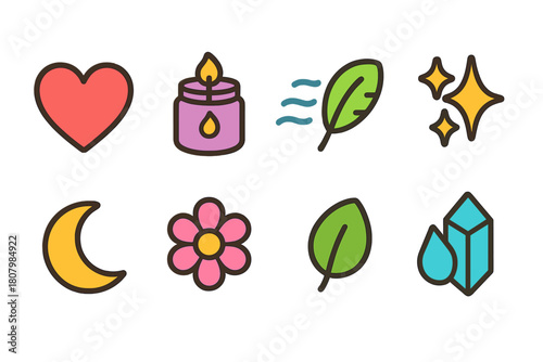 Wellness and nature icon set. Relaxation, spa, healing symbols in flat style