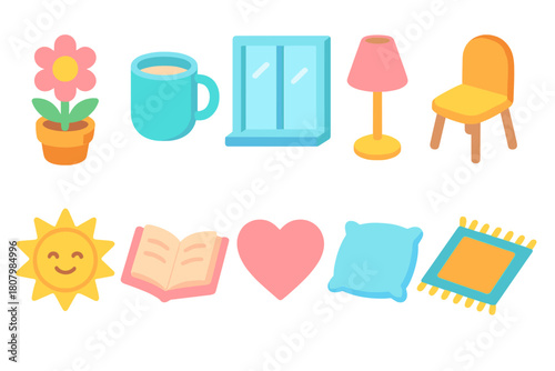 Home essentials icon set: 3d furniture, decor, and appliances collection