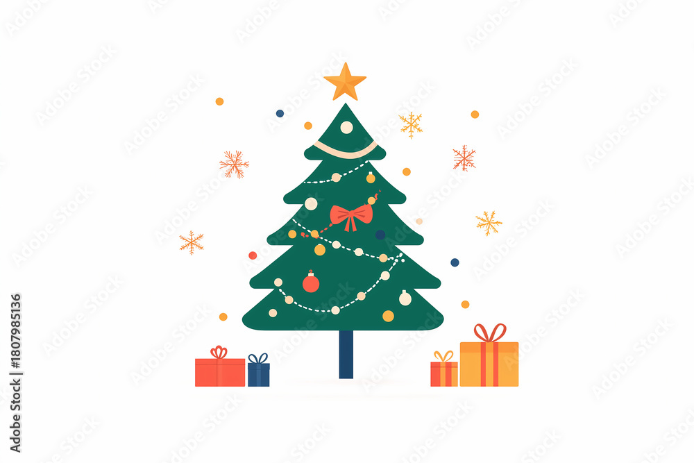 Fototapeta premium Simple flat vector of Christmas tree with gifts and clean background