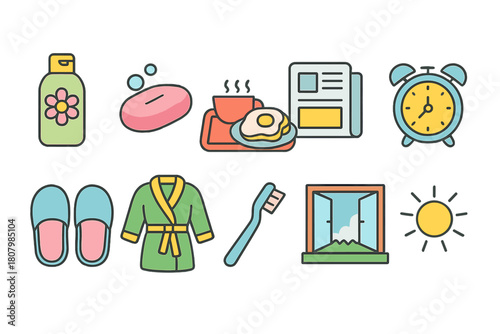 Morning routine flat icon set. Breakfast, hygiene, and relaxation flat icons collection.