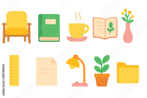 Cozy home and office flat icon set. Warm ambiance and work essentials collection