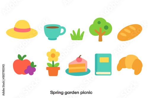 Spring picnic flat icon set. Garden, food, nature icons flat collection.
