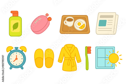 Daily routine flat icon set. Morning essentials, breakfast, hygiene, news icons collection