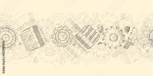 Mechanical engineering drawings on sepia background. Cutting tools, milling cutter. Technical Design. Cover. Blueprint. Horizontal seamless pattern. Vector illustration.