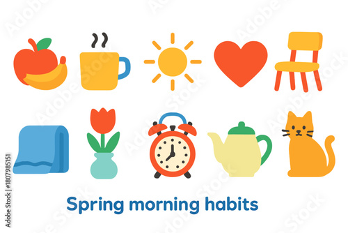 Spring morning habits icon set. Colorful flat icons for daily routine inspiration.