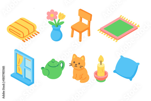 Home and decor flat icon set with cozy and colorful elements for warm ambiance