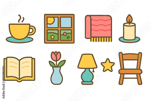 Cozy home, daily life icon set. Comfort, household flat icons collection.