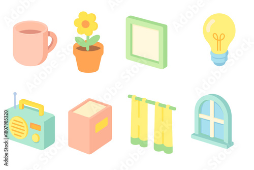 Home and decor 3d icon set. Stylish household, interior, decor icons collection