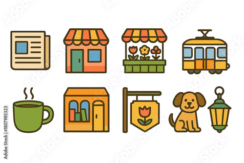 City life flat icon set. Urban, transport, shop, pet, sign, news, flower icons