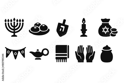 Jewish holiday silhouette icon set. Hanukkah, passover, shabbat silhouette icons collection