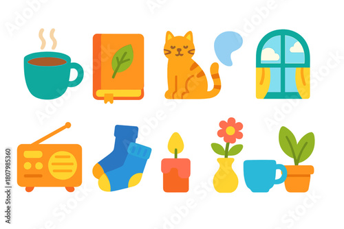 Leisure time flat icon set. Relaxation, home activities, cozy living icons flat collection