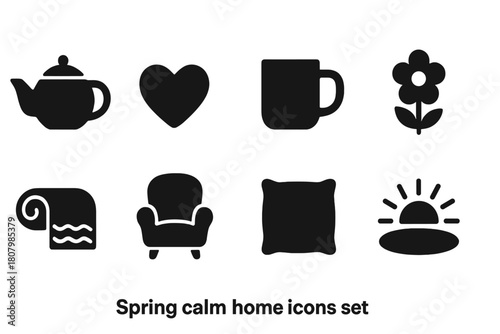 Spring calm home silhouette icon set. Relax, comfort, tea, and nature icons collection