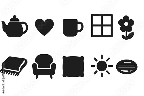 Home and garden silhouette icon set. Cozy home essentials and garden elements