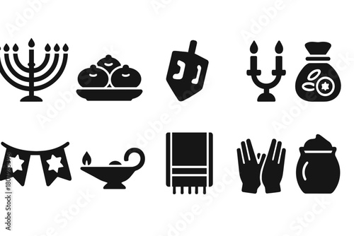 Hanukkah celebration solid icon set. Jewish holiday, festival symbols in solid style.