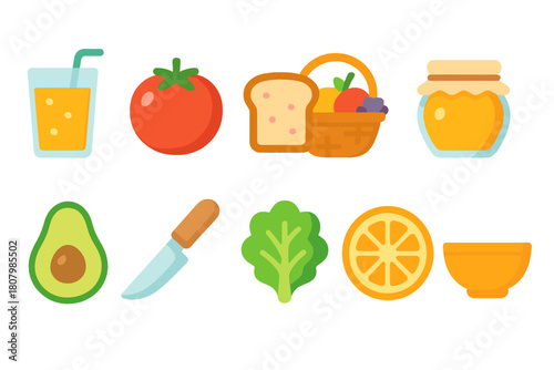 Food and drink flat icon set. Fruits, vegetables, and kitchen essentials collection