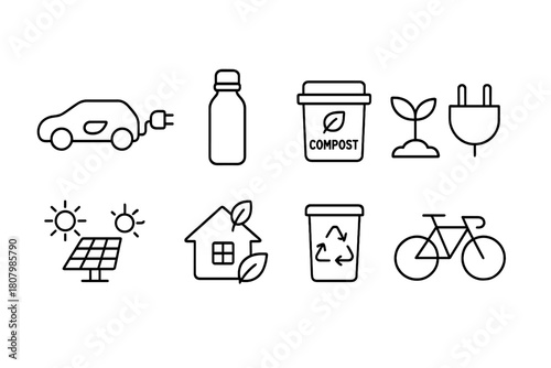 Eco-friendly solid icon set: sustainable, green energy, recycling, solar, ecology icons
