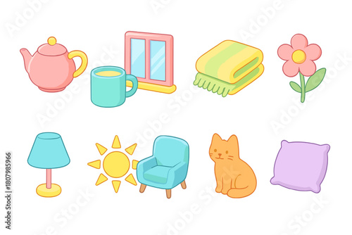 Home comfort flat icon set. Cozy, colorful, household, relaxation icons, flat collection
