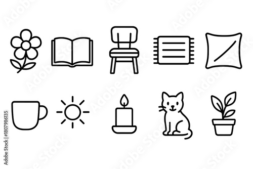 Home and living outline icon set. Cozy home decor and essentials collection
