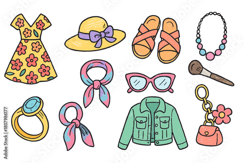 Fashion accessories icon set. Clothing and jewelry flat style collection