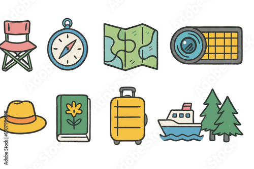 Travel and tourism flat icon set. Vacation, adventure, journey, and exploration icons
