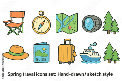 Spring travel icons set: sketch style with nature, map, and holiday elements
