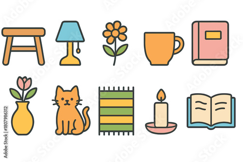 Home and garden flat icon set. Indoor decor, furniture, and plant icons collection