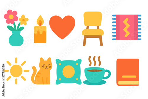 Home decor, relaxation gradient icon set. Cozy, comfort, candle icons collection